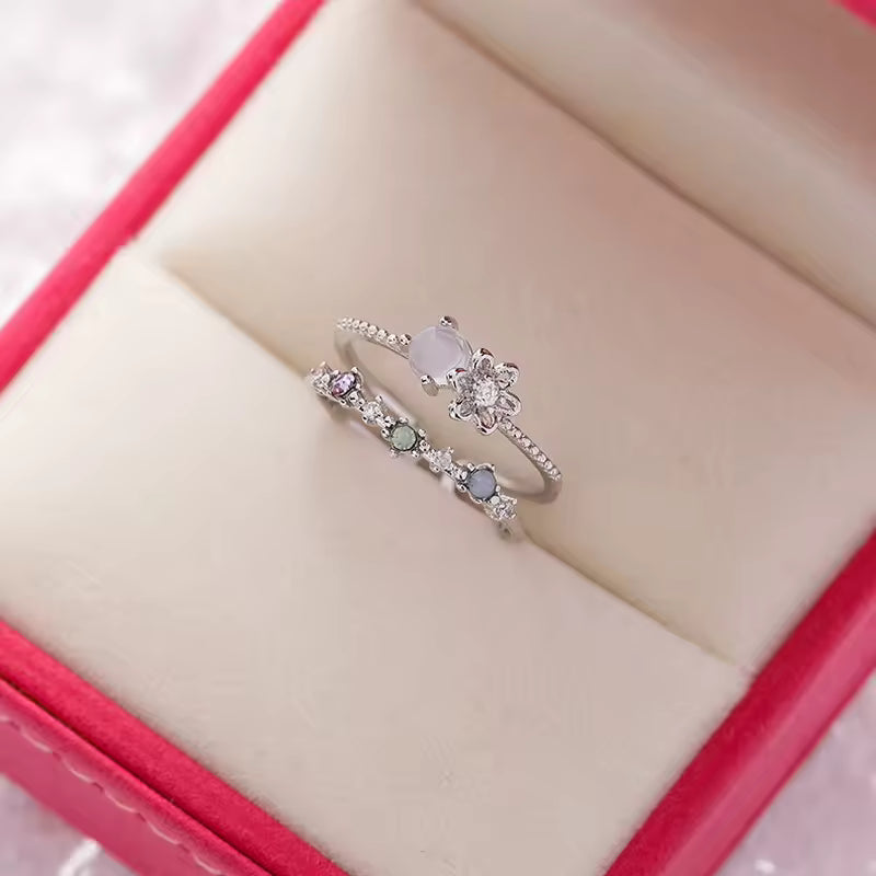 Korean Flower Ring for Women – Delicate Crystal Zircon Design
