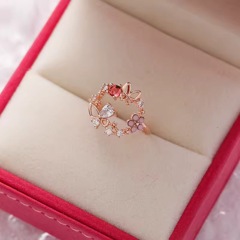 Korean Flower Ring for Women – Delicate Crystal Zircon Design