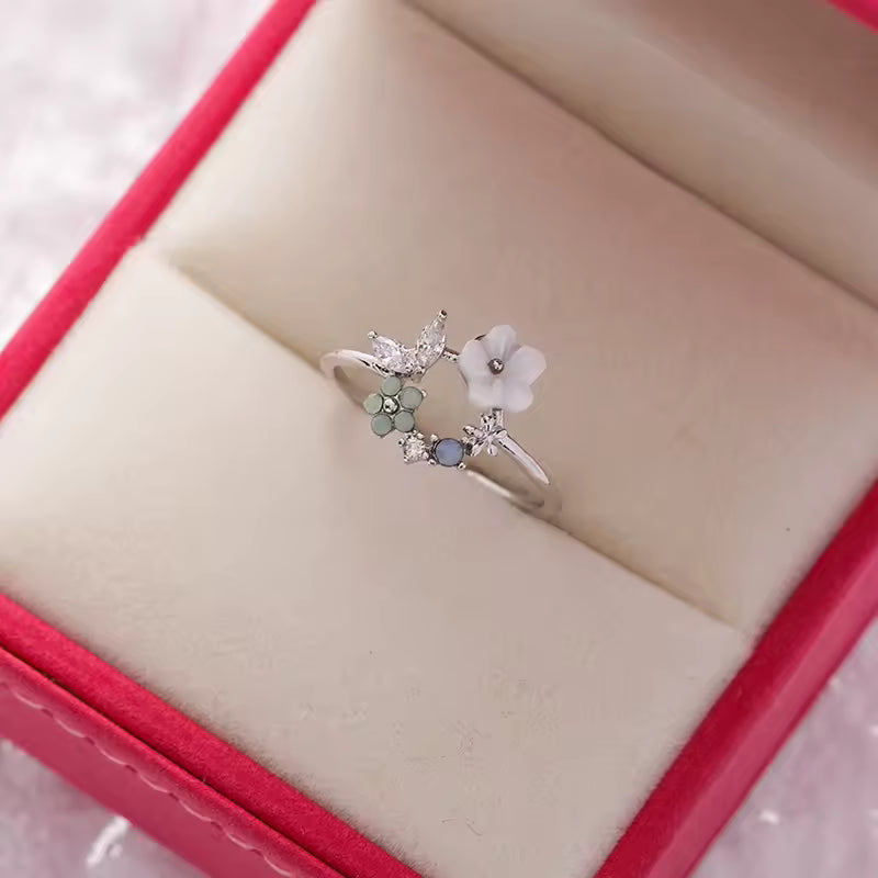 Korean Flower Ring for Women – Delicate Crystal Zircon Design