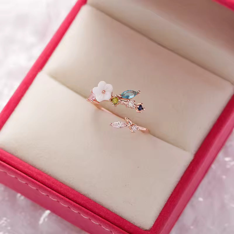 Korean Flower Ring for Women – Delicate Crystal Zircon Design
