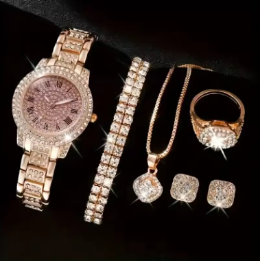 Women's Casual Quartz Watch & Bracelet Set – 6PCS Roman Dial Design
