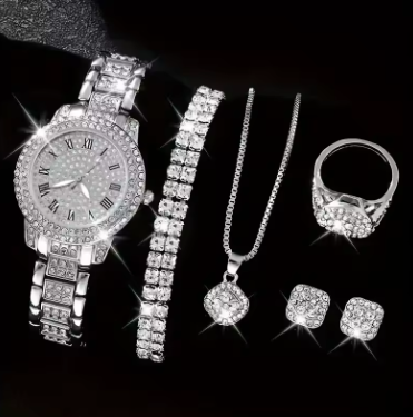 Women's Casual Quartz Watch & Bracelet Set – 6PCS Roman Dial Design