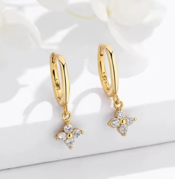925 Silver Zircon Four-Leaf Hoop Earrings – Elegant Huggies for Women