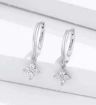 925 Silver Zircon Four-Leaf Hoop Earrings – Elegant Huggies for Women