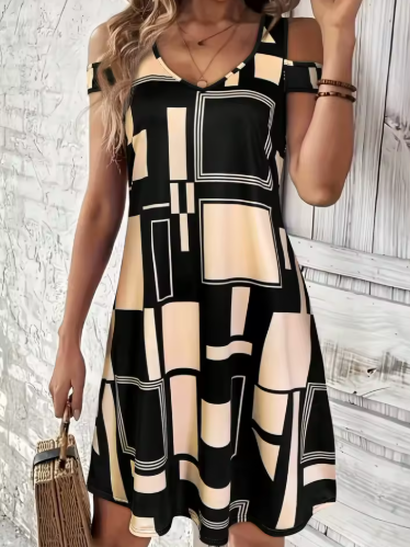 Women’s Off-Shoulder V-Neck Summer Dress – Geometric Print Mini Sundress