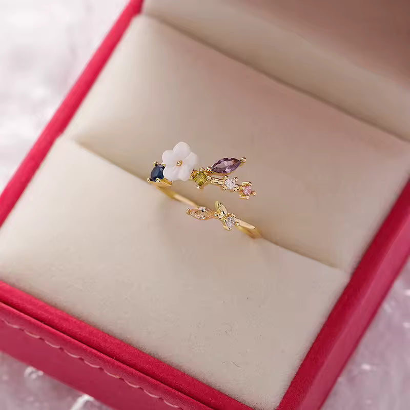 Korean Flower Ring for Women – Delicate Crystal Zircon Design