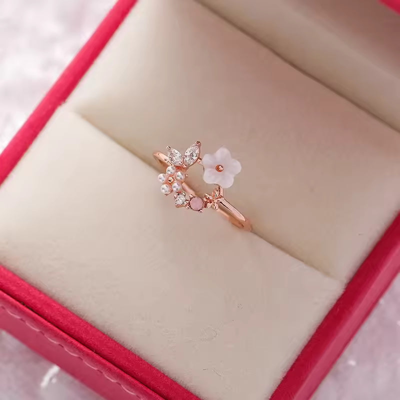 Korean Flower Ring for Women – Delicate Crystal Zircon Design