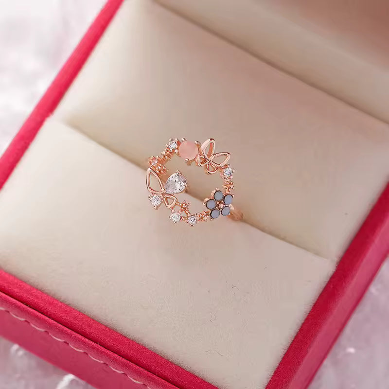 Korean Flower Ring for Women – Delicate Crystal Zircon Design